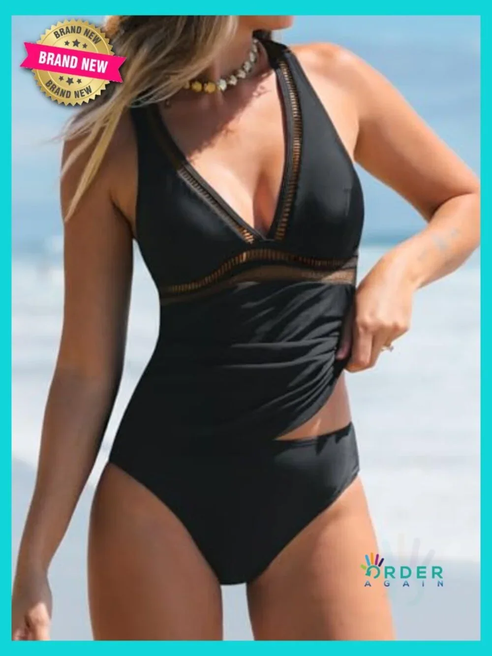 V Neck Tankini Set Mesh Crisscross Back Adjustable Straps Two Piece Swimwear